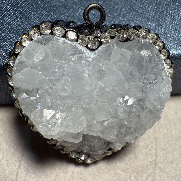 Raw Quartz Crystal Heart Pendant with Rhinestone Border - Picture 15 of 17